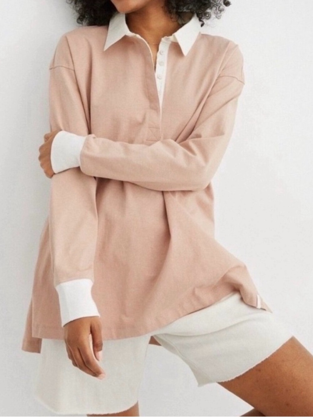 Aerie Oversized Rugby Polo Shirt Size XS Tan Long Sleeve Top